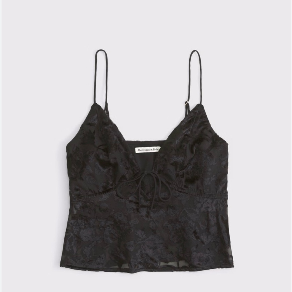 Abercrombie & Fitch Bella Black Satin Jacquard Cami Top Tie Front Small NWOT